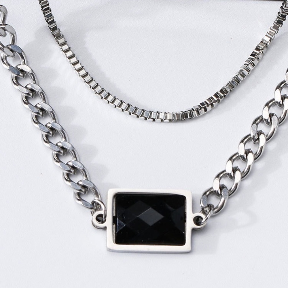 đź’ŽBlack Rectangle Stone Titanium Steel Necklace Chain Double layer thick silver - Picture 2 of 10